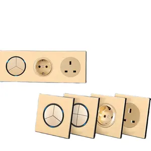 L77 Gold UK/EU Light Electric Wall Switch Socket Aluminum Alloy Metal Wire Drawing Socket Wholesale 13A Socket with Switch