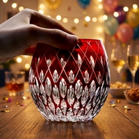 Verre à vin sans pied Raymond style bohème, fait main, en cristal coloré sculpté, design flamme vacillaante transparente découpée à la main, 301-400ml, pour les fêtes
