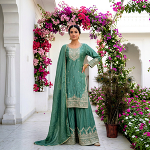 Conjunto de Kurta Larga Tradicional India/Pakistaní Verde Esmeralda para Mujer con Dupatta, Traje Étnico de Seda para Boda, Corte Regular - Product Image 1