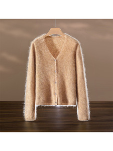 Cardigan décontracté en laine et cachemire pour femme, anti-boulochage, tricoté sans couture, col en V, simple boutonnage - Product Image 6