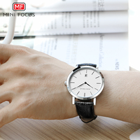Montre à quartz habillée MINI FOCUS MF0108G pour homme, bracelet en cuir véritable noir, affichage du calendrier, minimaliste, style occidental, montre pour homme