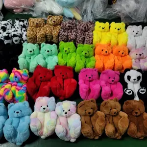 Lovely toy slippers teddy bear animal plush fur teddy slippers for women for kids