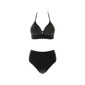 Costume da bagno bikini taglie forti HDJ nero a vita alta con controllo pancia e motivo a pois con paillettes, due pezzi, da donna, per la spiaggia - Product Image 1