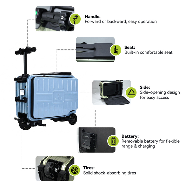 ELALA Manufacturer Supply Two Person Rideable Theft-Proof Smart Riding Luggage Electric Luggage for Daily Commute