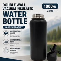 Bouteille d'eau de voyage en acier inoxydable à double paroi isolée sous vide, écologique, classique, 1000 ml (32 oz), couleur personnalisée, logo, 12-24h