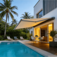 Auvent électrique 5x3m avec structure en aluminium, tissu imperméable, auvent rétractable avec éclairage LED, auvent de terrasse extérieur