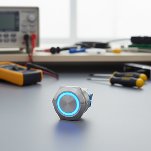 Botón Pulsador Momentáneo Jess 2NO2NC IP65 de Acero Inoxidable con Anillo Iluminado LED Azul, 12V, para Electrodomésticos e Industria - Product Image 1