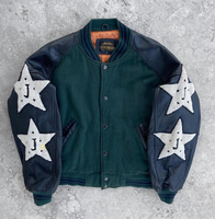 Blouson universitaire vintage personnalisé en laine verte pour homme, avec manches en cuir noir, patch étoile, style rétro baseball, matelassé et chaud
