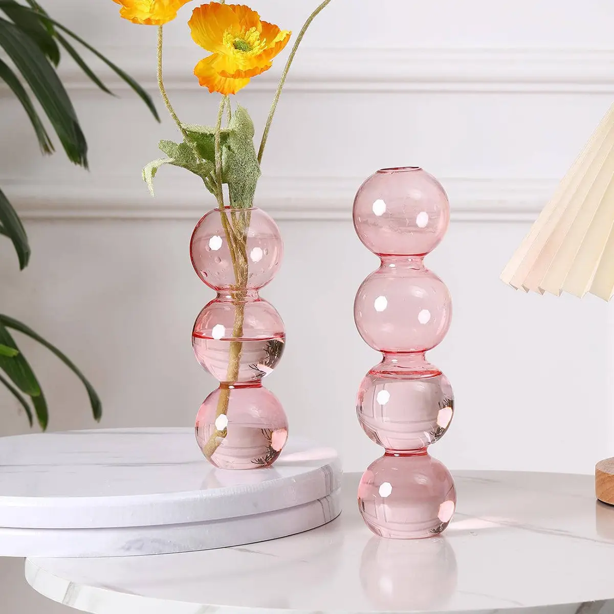 Moderne farbige kreative bernsteinfarbene rosa durchsichtige farbige Vase Glasblumenvase Glasflasche hydroponische Kugel Kunstblumenvase Heimdekoration