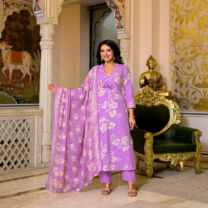 Conjunto de Salwar de Algodón Lavanda Pastel de Primera Calidad con Estampado Digital, Kurta Recta, Pantalón a Juego y Dupatta para Damas - Product Image 1