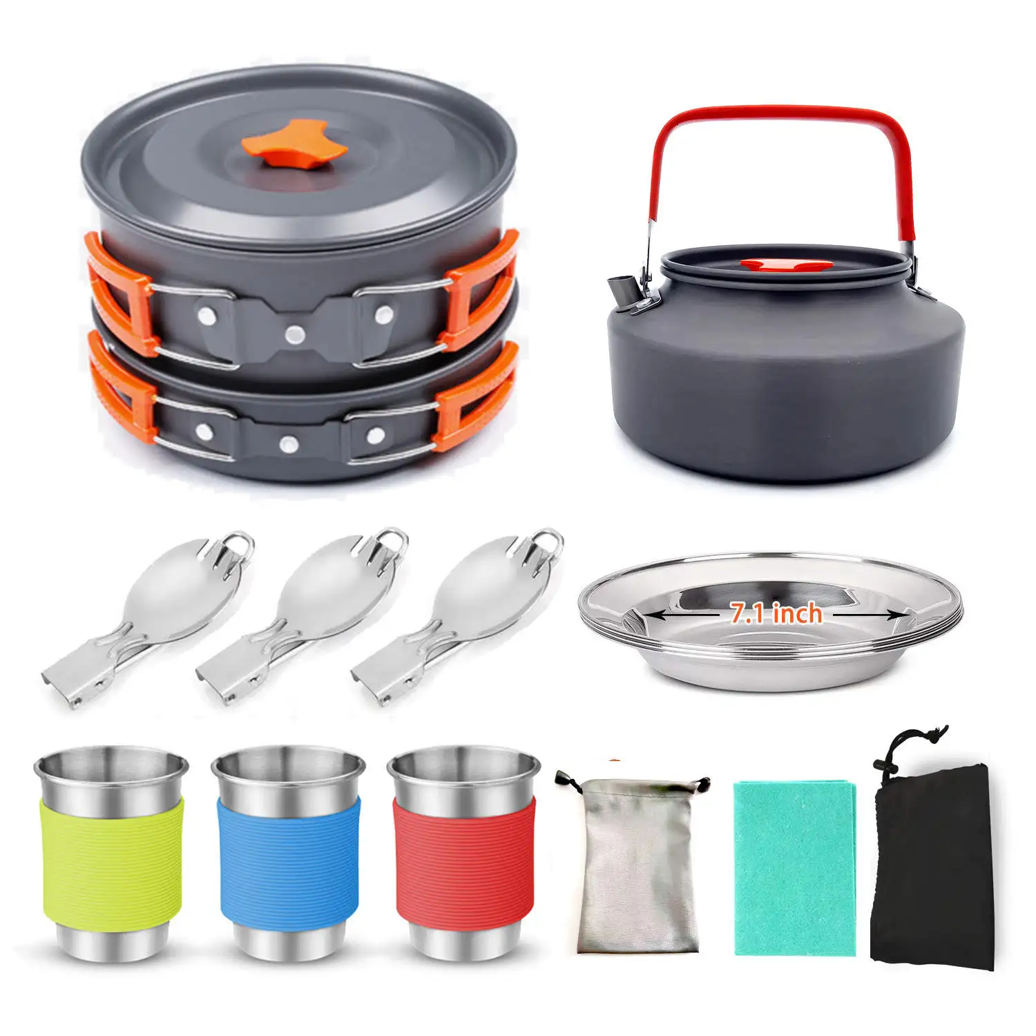 Piknik peralatan masak 2-3 orang Pot memasak Set teko aluminium luar ruangan bepergian berkemah mendaki Pot Bbq