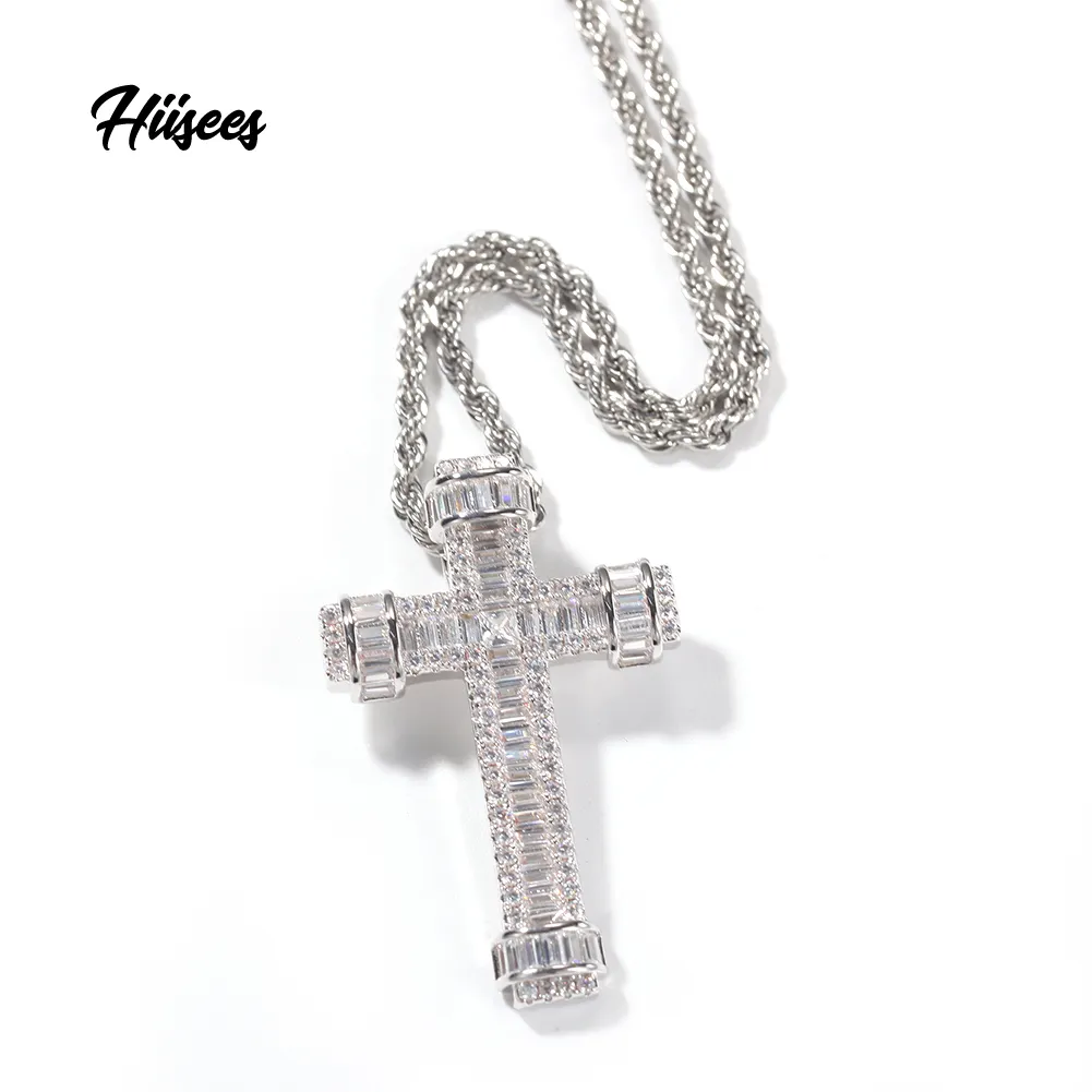 Bijoux éthiopiens tendance croix pendentif diamant de laboratoire baguette carré zircon argent plaqué collier bijoux chrétien