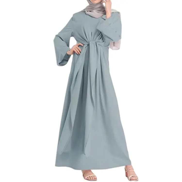 Gaun baru vintage warna Solid pinggang tinggi dengan dekorasi Dasi Timur Tengah Indonesia Malaysia Turki Somalia Muslim sopan abaya