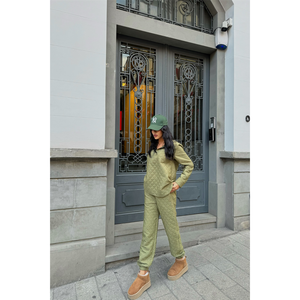 Conjunto de Chándal Acolchado con Capucha para Otoño, Color Caqui, Estilo Vintage, Lujoso, Transpirable, Ligero, Talla Grande, Estampado, con Logotipo, Pantalones Lisos - Product Image 4