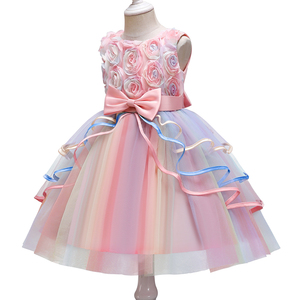 Robe de princesse florale pour filles, en dentelle à volants, en tulle, pour fête ou mariage, avec nœud et motif de baldaquin rose pour enfants - Product Image 4