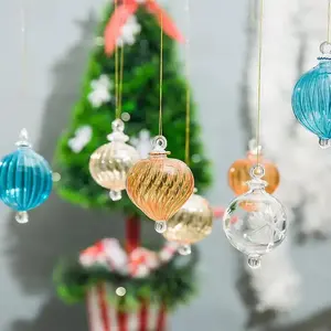 手工吹制玻璃圣诞挂饰橙色罗纹玻璃球吊坠圣诞树节日装饰