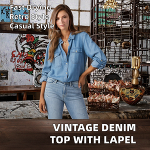 Haut en jean pour femme, style vintage, à simple boutonnage, manches longues, col à revers, bouton, technique délavée, été, hiver, loisirs, décontracté - Product Image 2