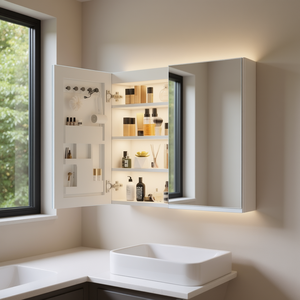 Espejo de Baño con Iluminación LED de Tres Tonos, Armario con Espejo de Tablero de Partículas Blanco de 32*28 Pulgadas, Marco Acrílico, Puertas Dobles, 7 Estantes - Product Image 2