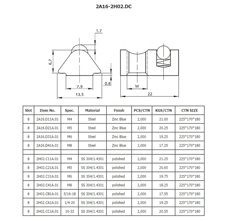 Nuts Supplier 2A16-2H02.DC High Precise Self Aligning Stainless Steel Roll In T Nut With Spring Ball For Wholesale