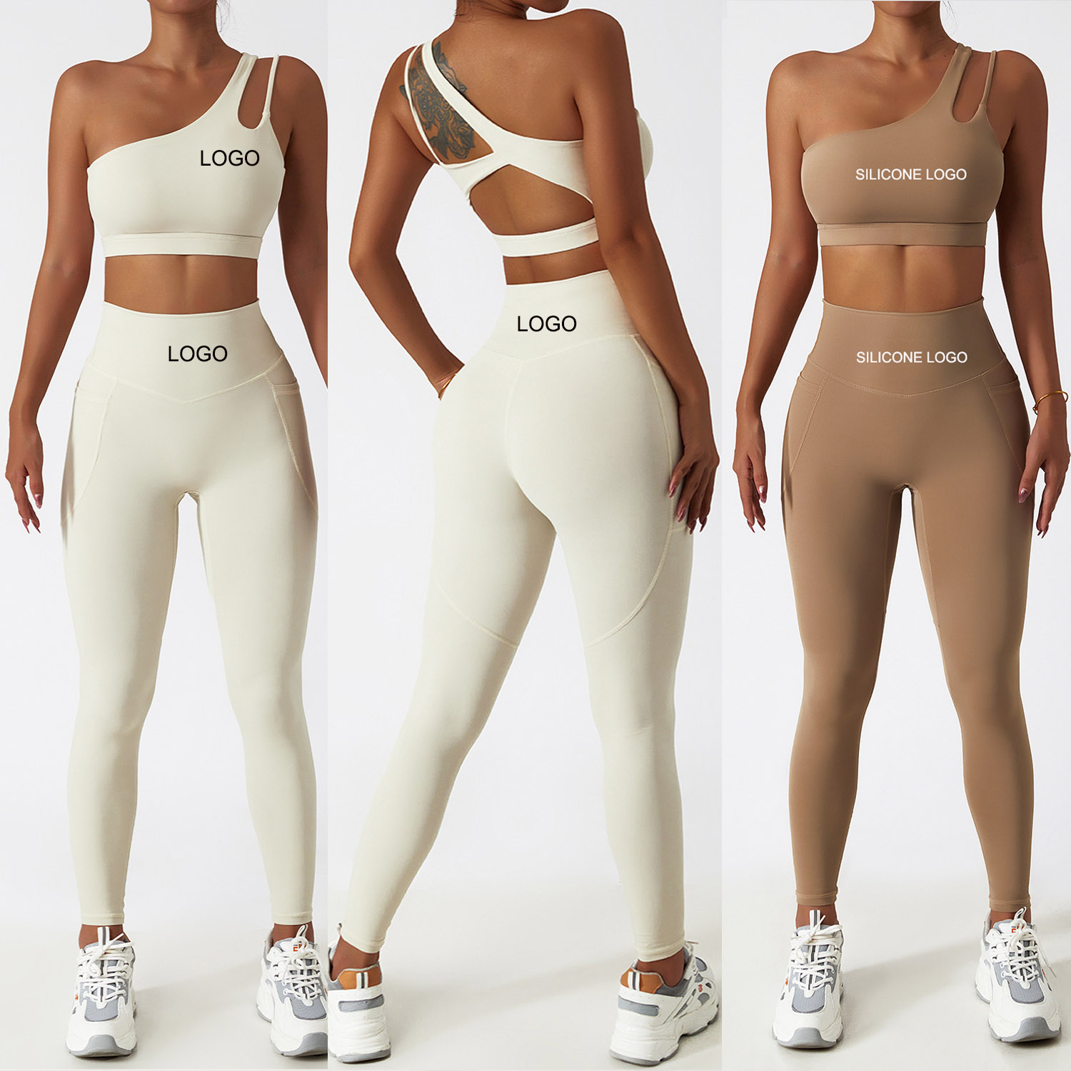 Benutzer definierte One Shoulder Bra Top Pant Set Trainings sets Umwelt freundliche Sport bekleidung High Waist Frauen Yoga Conjuntos Para Mujeres