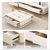 Ensemble table basse cannelée et meuble TV, blanc cassé crème, pour salon, profil bas, coins arrondis, meuble TV, Couchtisch
