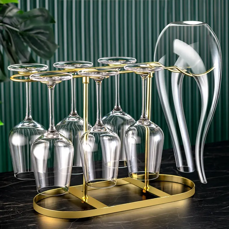 HUAHANGNA 1400ml 47oz Hand Made Crystal Clear Wine Glasses U Shape Wine Decanter Set with Stainless Steel Stand Holder