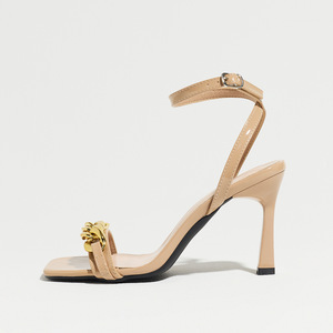 Women Square Open Toe Heel <b>Sandals</b> Shiny Nude Patent Leather Front Metal Chain Detail Adjustable High Heel <b>Evening</b> <b>Sandals</b> - Product Image 5