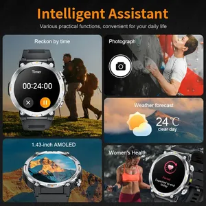 Herren Smartwatch 1,43 Zoll AM LED-Bildschirm Herzfrequenz-Schrittzähler Taschenlampe Edelstahlarmband Sport <span class=keywords><strong>Android</strong></span> Stoppuhr - Product Image 2