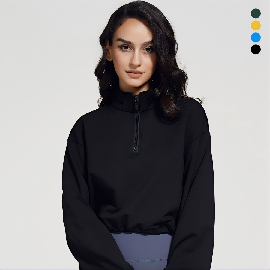 MAYYOUNG Custom Women's Zip up Fitness Sweatshirt Loose Fit Long Sleeve Yoga Top with Drawstring and Stand Collar for Gym Wear