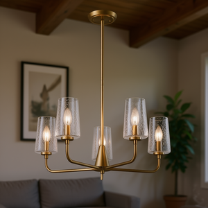 Five <b>Light</b> Chandelier Satin Brass Clear Seeded Glass Pendant <b>Light</b> Living Room Indoor Lighting - Product Image 2