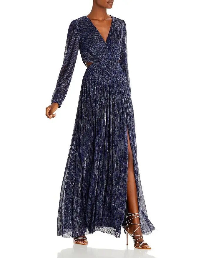 Elegant Chiffon Layered Ruffled Sequined Mesh Cut Out Deep V Neck A-line Party Prom Evening Maxi Dress