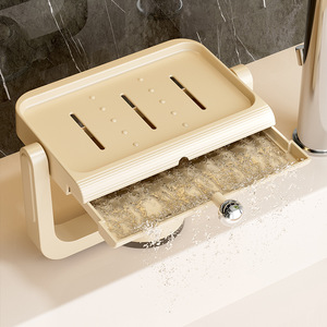 Suction Cup Soap Dish Cream Color Wall Mount Rotating Rectangular Plastic Minimalist Bathroom Storage Box - Product Image 4