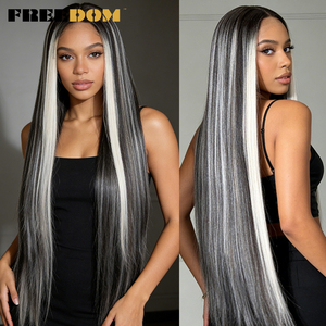Perruques synthétiques à dentelle frontale FREEDOM pour femmes, modèle L-STRAIGHT, 38 pouces de long, lisses, pour cosplay brun, blond, rose, rouge, blanc - Product Image 3