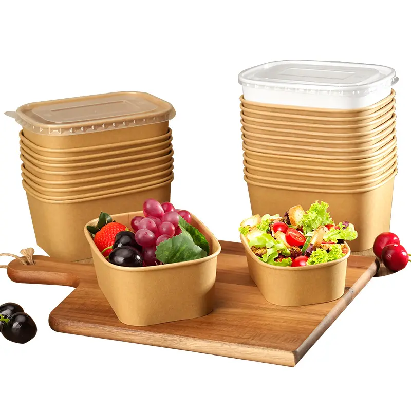 Fertige Massenware Lebensmittelqualität 500 ml 750 ml 1000 ml zum Mitnehmen brauner einweg-rechteckiger Schüssel mit Deckel aus Kraftpapier für Snack Salat