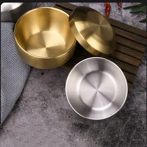 Double Walled Metal Soup Bowl Food Grade Stainless Steel 304 Kitchen Kimchi Bowl Korean Rice Bowl With Lid