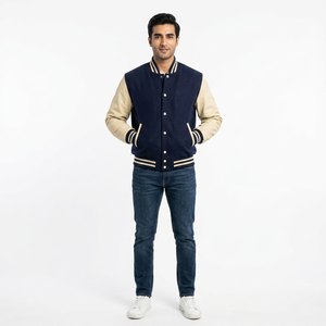 Custom <b>Men's</b> Genuine Leather <b>Baseball</b> <b>Jacket</b> with Varsity Design Stand Collar Front Logo Breathable <b>for</b> Winter - Product Image 1