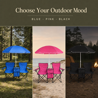 Chaise pliante double de plage noire mate, directement de l'usine, avec parasol de protection solaire et glacière