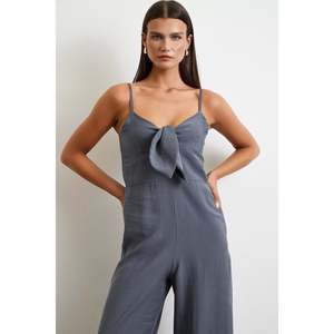 Mono minimalista de cintura alta con tirantes, gris, de lino y algodón, transpirable, para uso diario de mujer - Product Image 4