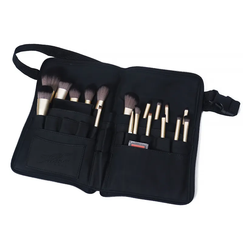 High quality black pu makeup brush belt bag,makeup brush holder leather case