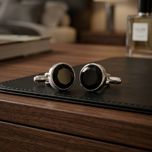 Boutons de manchette pour homme en onyx noir facetté, bijoux en argent et or, cadeau pour chemises de costume - Product Image 1
