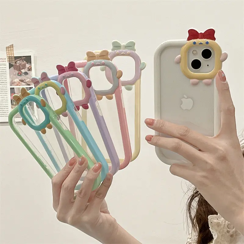 Cute Clear Candy Color Little Monster Lens with Bow Transparent Smooth Tpu Soft Shell Phone Case For Iphone14Promax 13/12/11