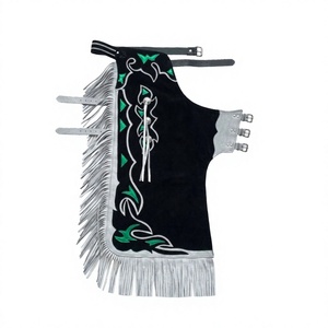 Chaps de Rodeo Longs en Daim Noir Personnalisés Style Cowboy Western avec Bordure Argentée Métallique et Incrustations Flamme Vert Émeraude – Équipement de Rodeo - Product Image 1
