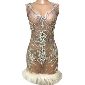 Vestido de noche corto sin mangas para mujer, Sexy, transparente, con piedras de malla, cristales, <span class=keywords><strong>plumas</strong></span>, ajustado - Product Image 1