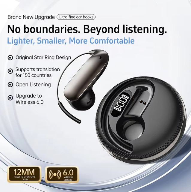 Ai Translator X56 Ear Clip BT 6.0 Headset High Stereo Sound Long Endurance LED Digital Open Ear IPX4 Waterproof Touch Control