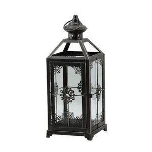 Decorative Black Brush Gold Centerpiece Moroccan Glass Hanging Home And Garden Metal Candle Lantern