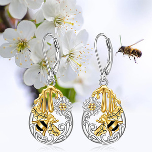 Boucles d'oreilles pendantes en forme de marguerite avec pot de miel pour femme, bijoux de mode bicolores à motif floral - Product Image 6