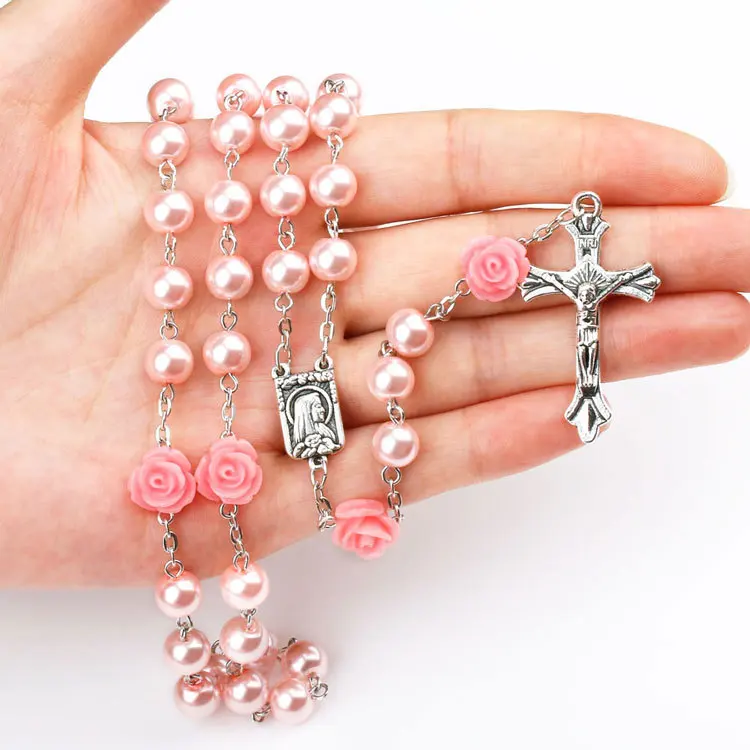 2022 Trendy Religious Necklace Pink Imitation Pearl Rosary Beads Necklace Catholic Jesus Cross Necklace