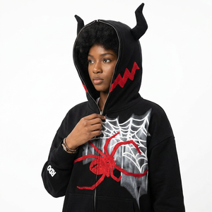 Unisex Embroidered Hip Hop Spider Hoodie Devil Horn Gothic Jacket Y2K Harajuku Streetwear Full <b>Zip</b> 100% Cotton OEM Winter - Product Image 2