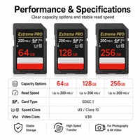 Kartu SDXC UHS-I Ukuran Penuh Extreme PRO 64GB 128GB 256GB V30 200MB/s untuk Pemotretan Pernikahan, Pasokan Grosir untuk Saluran Dagang