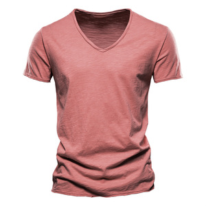 Offre Spéciale T-shirt à manches courtes et col en V pour hommes Nouveaux ensembles de chemises en coton et bambou de couleur unie - Product Image 5
